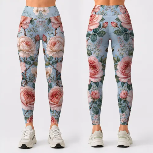 Watercolor Vintage Roses And Bees Romantic Spring Garden Yoga Lounge Style For Women Leggings