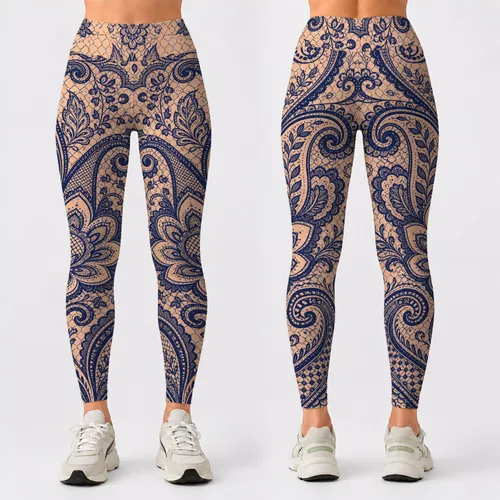 Navy Paisley Lace Botanicals On Nude Peach For Boho Casual Yoga Style Women Outfits Leggings