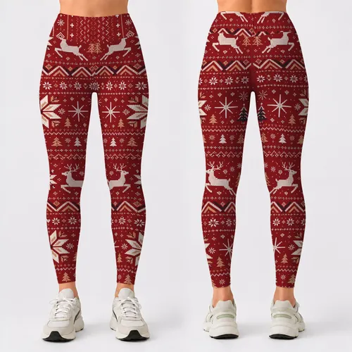 Nordic Reindeer Snowflake Fair Isle Christmas Holiday Cozy Winter Yoga Outfit Look Leggings