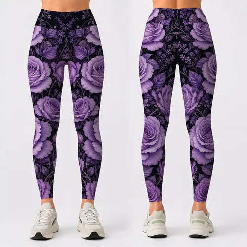 Lavender Rose Botanicals On Midnight Black For Romantic Everyday Casual Style For Women Leggings