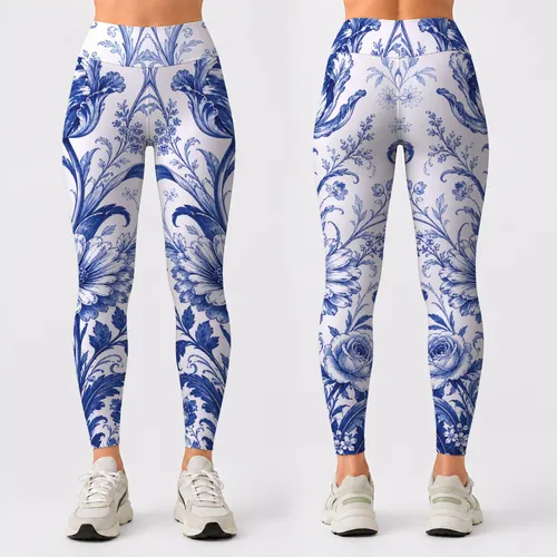 Cobalt Blue Porcelain Floral Bouquet For Yoga Studio Brunch And Travel Style Lovers Leggings