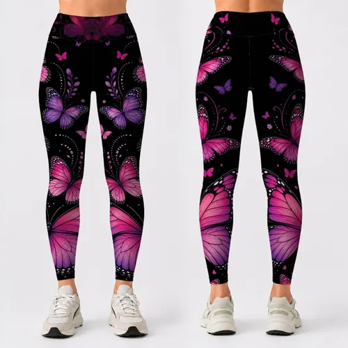 Magenta Butterfly Cluster On Black Elegant Floral Y2K Festival Outfit For Women And Girls Leggings