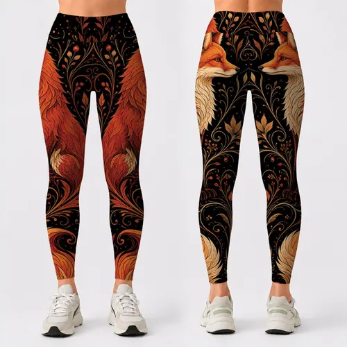 Elegant Red Fox With Golden Botanical Filigree For Boho Woodland Yoga Style Lovers Leggings