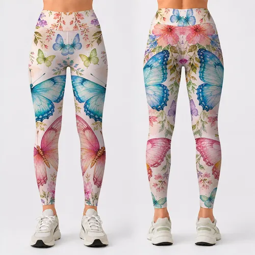 Watercolor Butterflies And Spring Florals For Garden Party Yoga And Boutique Style Leggings