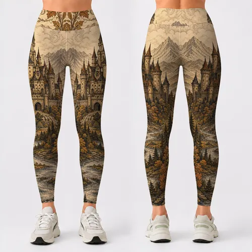 Medieval Castle River Landscape For Autumn Travel And Storybook Fantasy Lovers Leggings