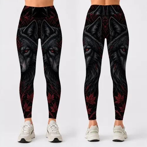 Crimson Wolf Gothic Wilderness Tattoo Style For Gym Yoga Festival Streetwear Women Leggings