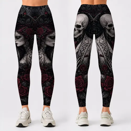Gothic Skull Bride And Rose Embrace Dark Romantic Tattoo Style For Alternative Nights Leggings