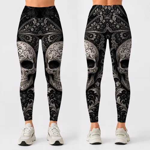 Gothic Sugar Skull Butterfly With Baroque Floral Filigree For Dark Romantic Style Leggings