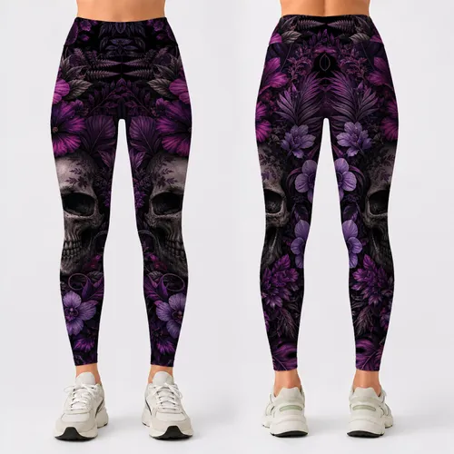 Gothic Botanical Skull With Violet Florals For Dark Romantic Festival Outfits Style Leggings