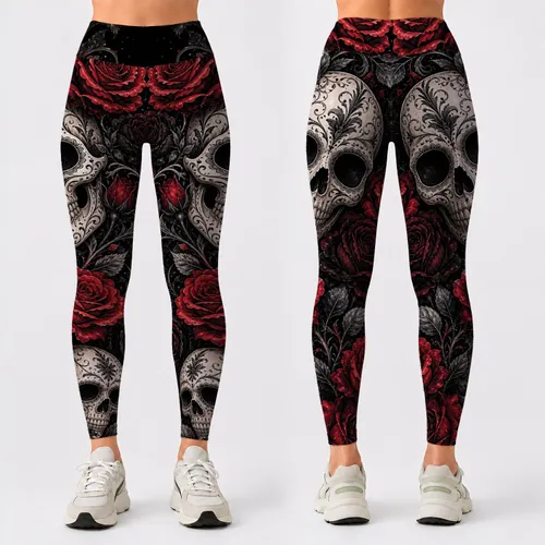 Gothic Sugar Skull Roses On Raven Black For Halloween Tattoo Floral Witchy Style Leggings