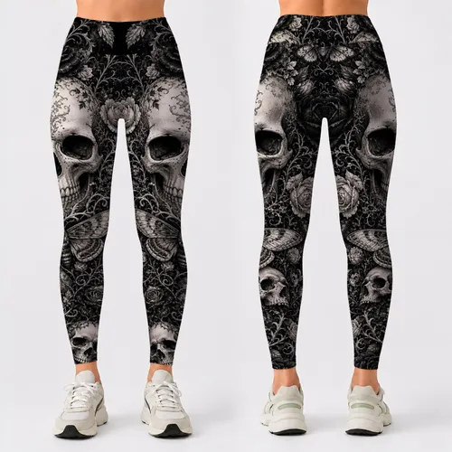 Gothic Skull Roses And Moths Monochrome Dark Academia Festival Style For Women Outfits Leggings