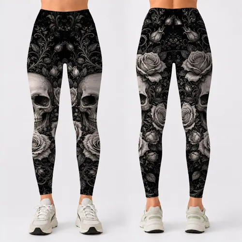 Gothic Floral Skull With Ivory Roses For Monochrome Dark Fitness Studio Style Women Leggings