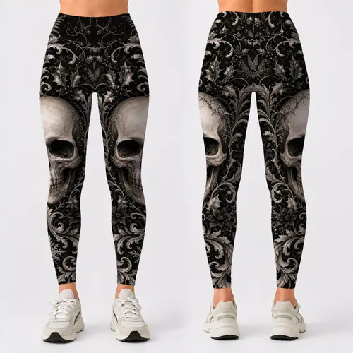 Elegant Gothic Skull With Silver Baroque Vines For Holiday Parties And Dark Style Leggings