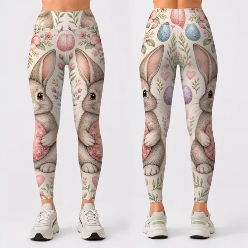 Watercolor Easter Bunny With Pastel Eggs Cottagecore Spring Holiday Outfit For Women Leggings