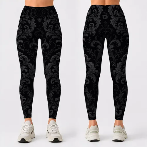 Black On Black Gothic Damask Medallion And Baroque Vines For Elegant Dark Style Leggings