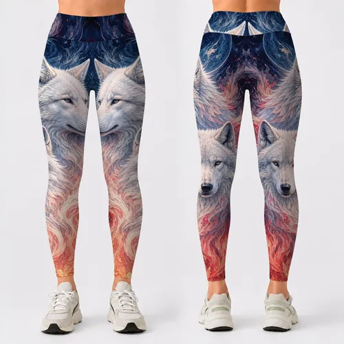 Mystical White Arctic Wolves With Night Fire Flames For Festival Yoga And Streetwear Leggings