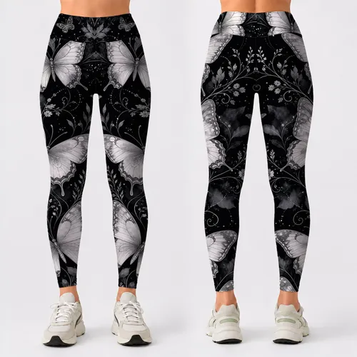 Monochrome Butterfly Garden With Silver Vines For Yoga Studio And Gym Style Lovers Leggings