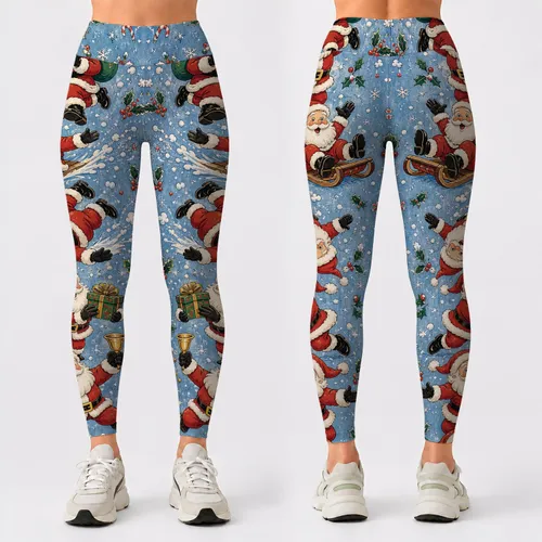 Vintage Cartoon Santa Cascade On Faux Denim Blue For Christmas Holiday Outfits Women Leggings