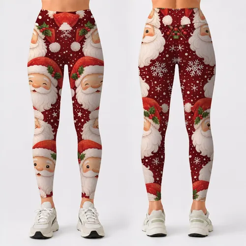 Whimsical Santa Faces Snowflakes Cranberry Red Christmas Yoga Holiday Outfit Women Leggings