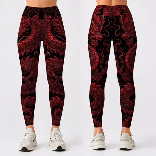 Crimson Eastern Dragon Black Tattoo Style For Yoga Gym Workout Fitness Athleisure Wear Leggings