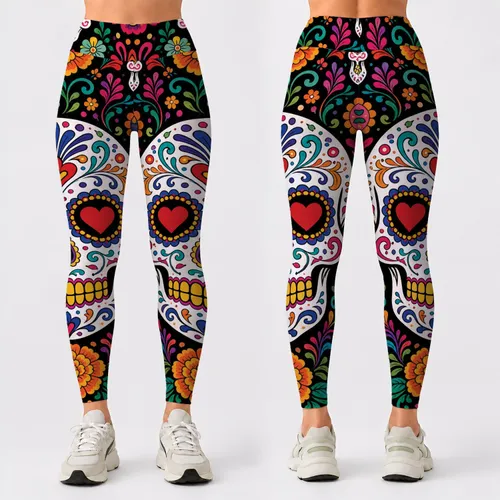Sugar Skull Floral Folk Art Halloween Dia De Los Muertos Festival Style For Women Leggings