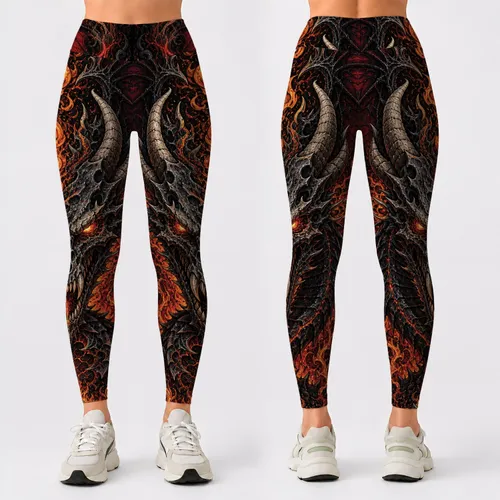 Dragon Skull Fire Fantasy With Gothic Flames For Festival Streetwear And Gym Outfits Leggings