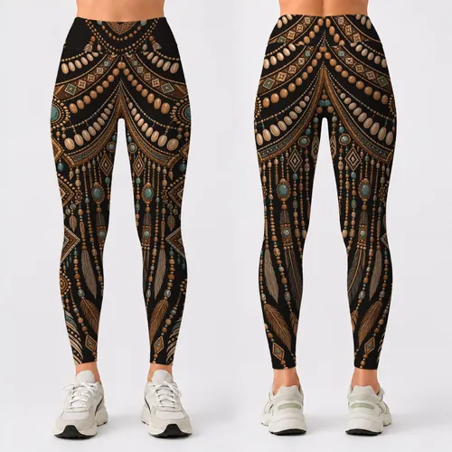 Boho Tribal Bead Medallion Fringe Motif For Festival Yoga And Boutique Style Lovers Leggings