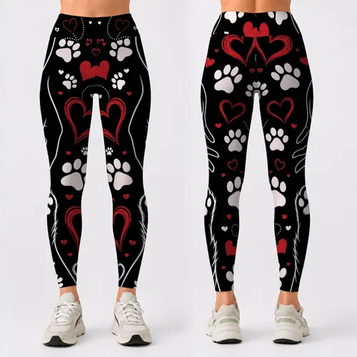 Hand And Paw With Red Hearts For Pet Lover Gym Outings And Casual Streetwear Women Leggings