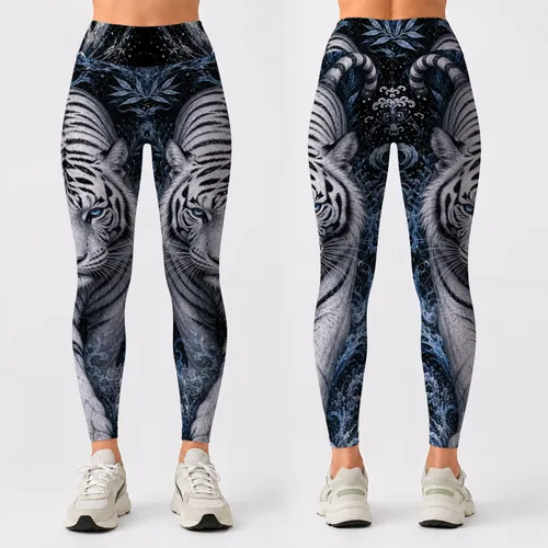 White Tiger Midnight Blue Smoke Mystical Wildlife Style For Gym Yoga Streetwear Fans Leggings