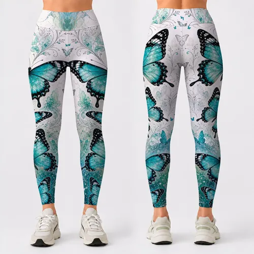 Turquoise Butterfly Watercolor Cosmos For Yoga Studio Festival And Everyday Style Leggings