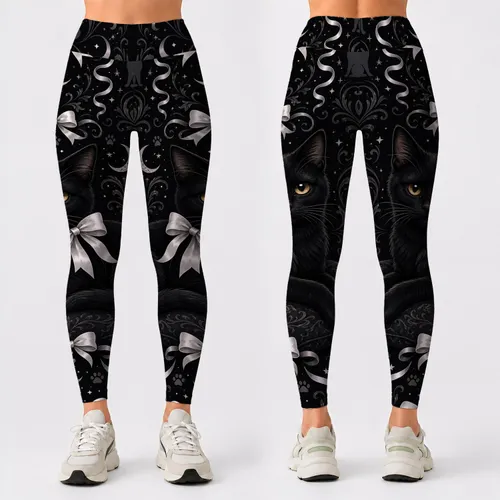 Elegant Black Cat With Moon And Bow Motifs For Cozy Nightwear Lounge Style Women Leggings