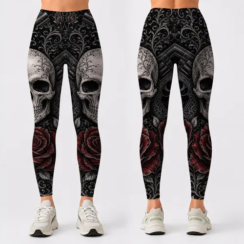Gothic Skull Crimson Roses Crossed Revolvers Biker Festival Night Out Streetwear Women Leggings