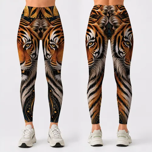 Majestic Bengal Tiger Face With Gold Jungle Ribbons For Yoga Gym Streetwear Women Leggings