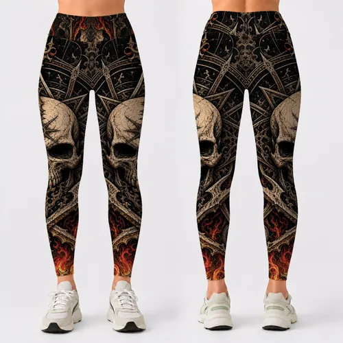 Gothic Skull Flames With Occult Sigils For Dark Festival Streetwear And Gym Style Leggings