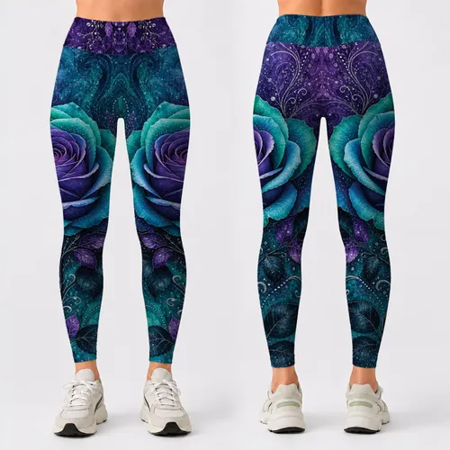 Teal Purple Rose Botanical Marbled Jewel Tone Yoga Festival Vacation Outfit For Women Leggings