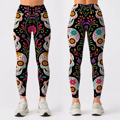 Halloween Sugar Skull Floral Calavera Dia De Muertos Party Festival Colorful Women Leggings