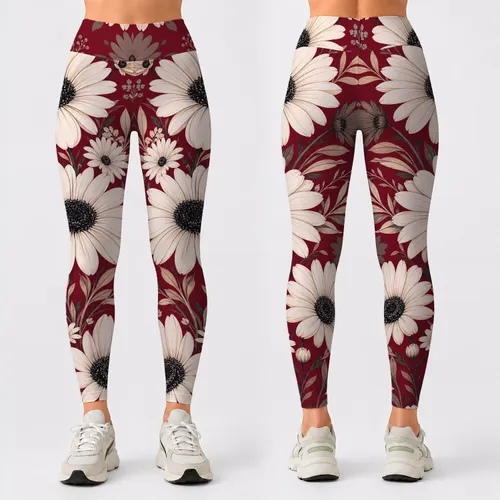 Oversized White Daisy Florals On Cranberry Red For Casual Botanical Plus Size Style Leggings