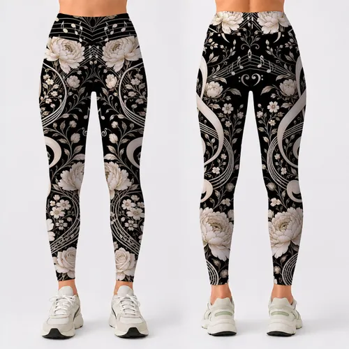 Ivory Music Notes And Floral Treble Clef On Black For Concert Night Style Outfits Leggings