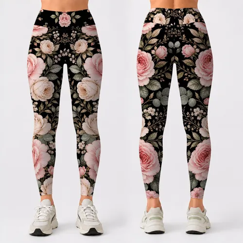 Blush Rose Botanical On Black For Romantic Everyday Style And Plus Size Wardrobes Leggings