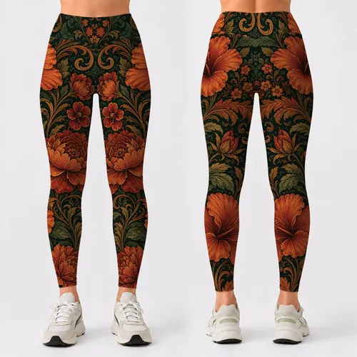 Vintage Autumn Floral Damask With Emerald Botanicals For Boho Fall Outfits Women Leggings