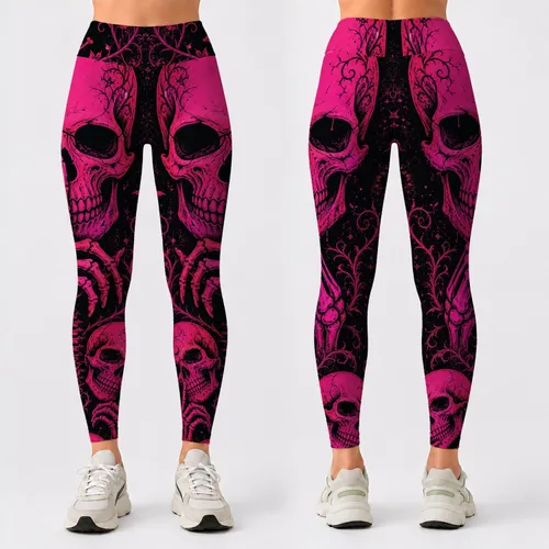 Neon Pink Gothic Skull And Bone Halloween Party Spooky Night Goth Punk Outfit For Women Leggings