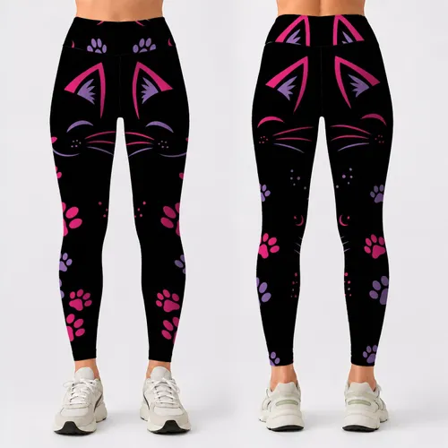 Hot Pink Cat Paw Trail On Black For Yoga Studio Workouts And Cute Athleisure Style Leggings