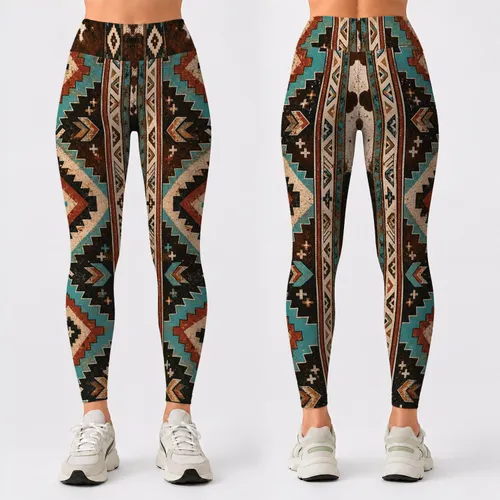 Southwestern Boho Cowhide Tribal Patchwork Turquoise Rust Western Boutique Style Leggings