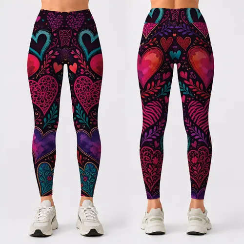 Vibrant Hearts On Black Plum For Romantic Date Night And Boutique Festival Style Leggings