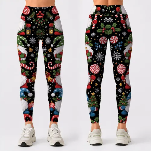 Christmas Gnome Column On Black For Festive Yoga Workouts And Cozy Holiday Lounging Leggings