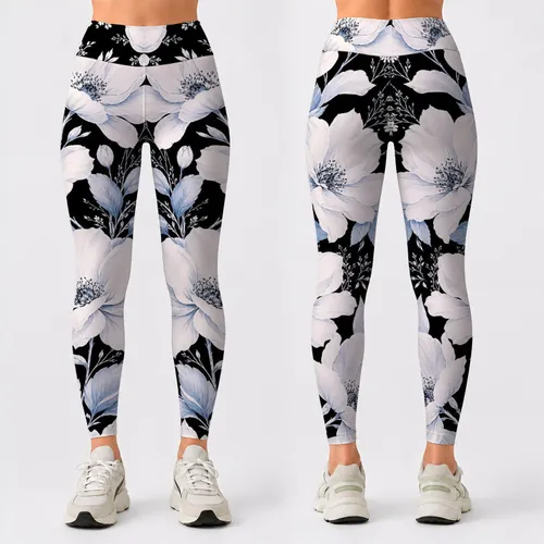 Monochrome White Floral Botanical On Black For Resort Streetwear And Yoga Style Looks Leggings
