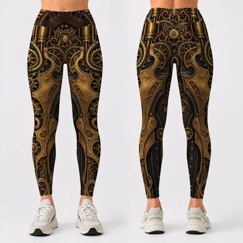 Steampunk Clockwork Gears Brass Armor Industrial Goth Festival Style For Women Outfit Leggings