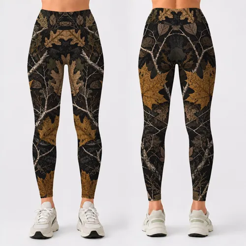 Late Autumn Woodland Camo With Ivory Twigs And Golden Leaves For Outdoor Street Style Leggings