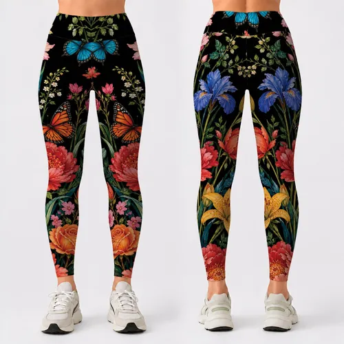 Black Night Garden Flowers With Butterflies For Yoga, Festivals, And Boho Style Looks Leggings