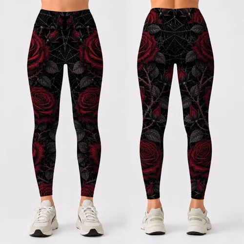 Crimson Roses And Silver Spiderwebs For Gothic Romance Nights And Dark Feminine Style Leggings